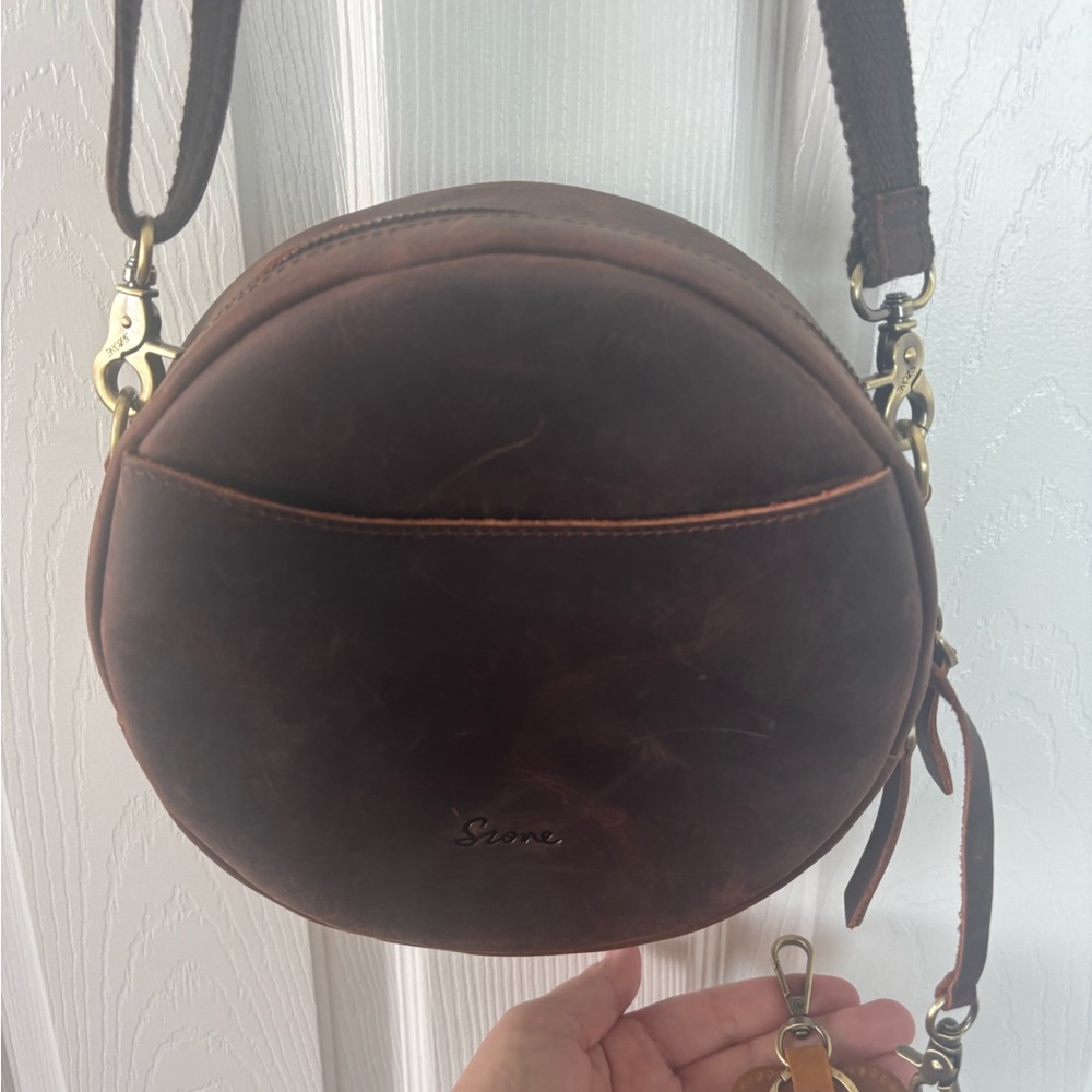 Round Chocolate Leather Crossbody with Front Zip